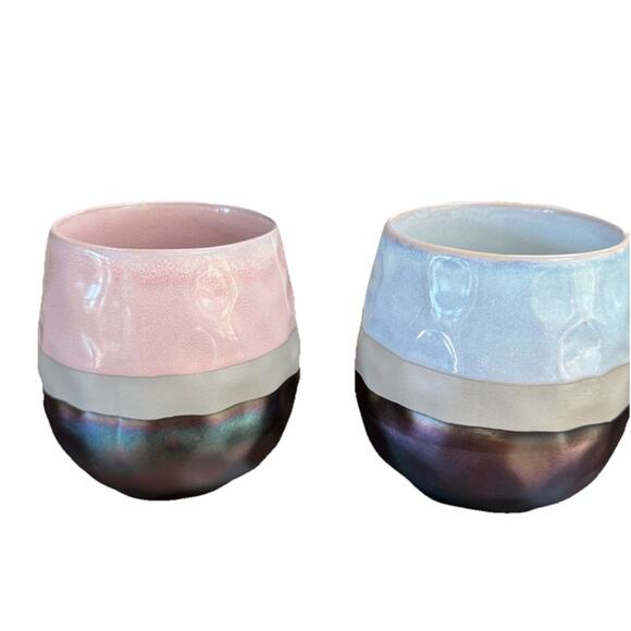 Set Of Two Roscher Large Stoneware Mugs Pink Blue & Iridescent Color Natura - Picture 2 of 8